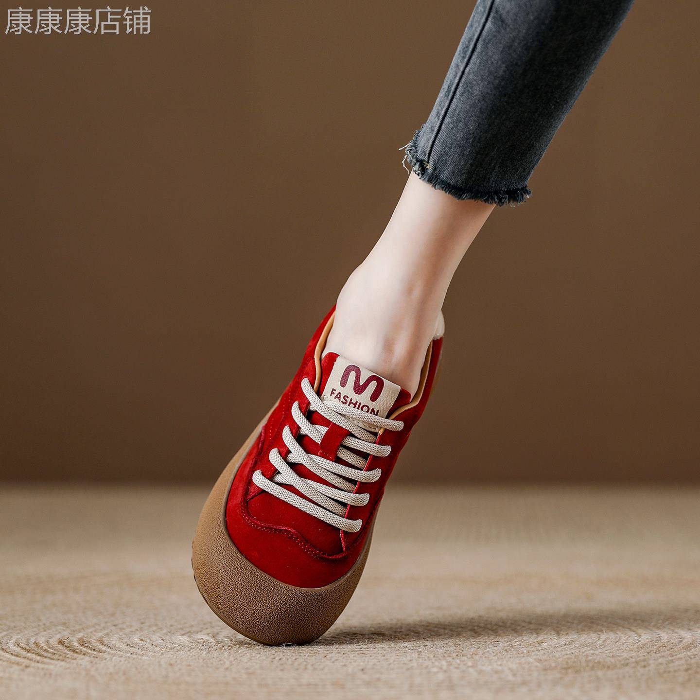 西班牙小众品牌ONGYSL真皮红色板鞋女透气圆头包鞋平底休闲 小白