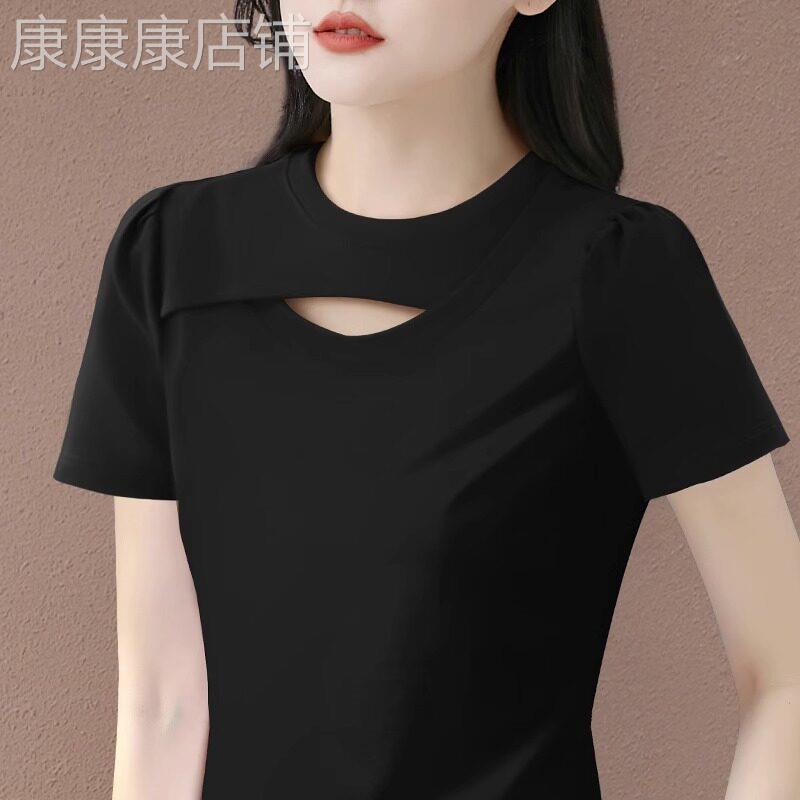 纯棉黑色短袖t恤女夏2026新款韩版爆款女装高端设计感半袖体恤衫