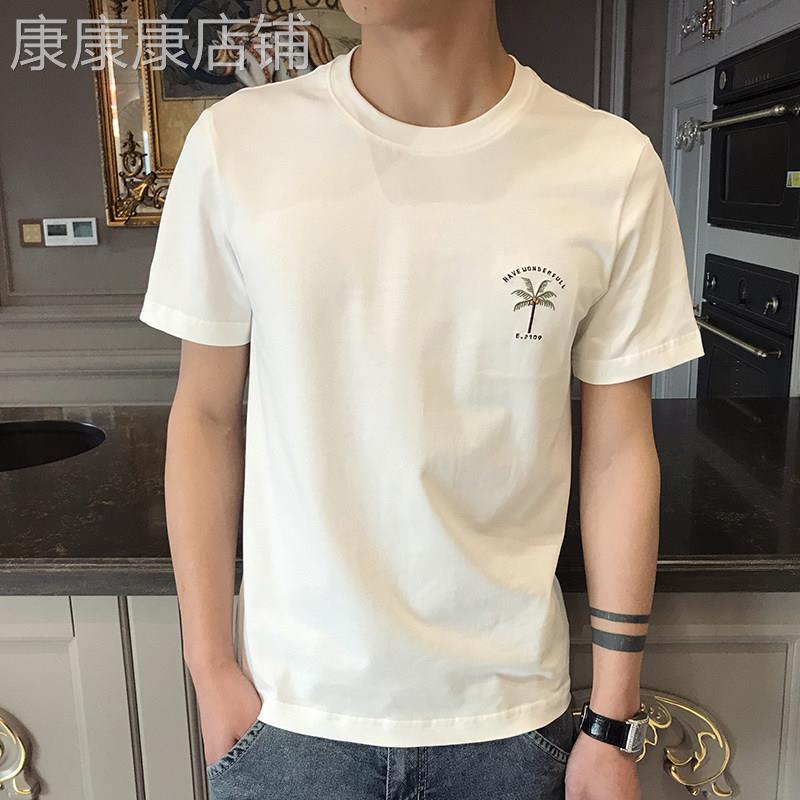 夏季椰树刺绣短袖t恤男港风薄款修身上衣潮牌简约纯棉休闲T恤衫