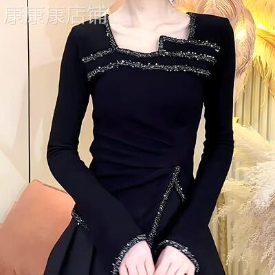 复古别致方领黑色亮片上衣女2025早秋新款修身显瘦时尚百搭长袖