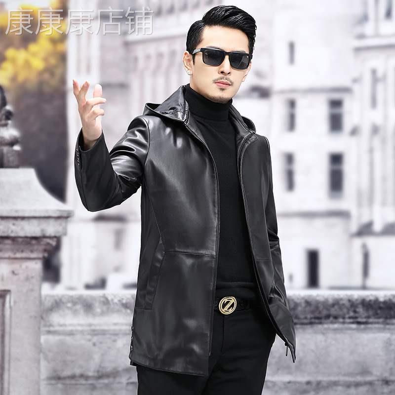 春秋男士皮外套绵羊皮风衣中长款连帽皮衣真皮夹克修身皮大衣薄款