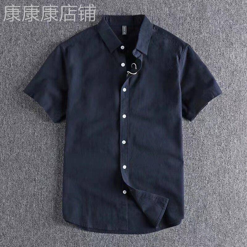 代购香港潮牌夏季复古经典水洗纯色男士短袖衬衫修身百搭休闲衬衣