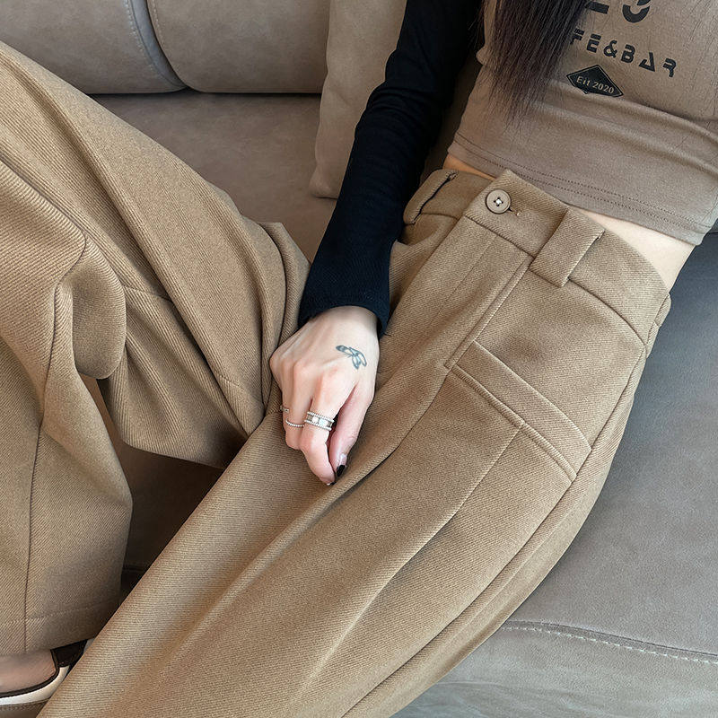 卡其色毛呢阔腿裤女秋冬2023新款高腰小个子显高垂感呢子裤休闲裤