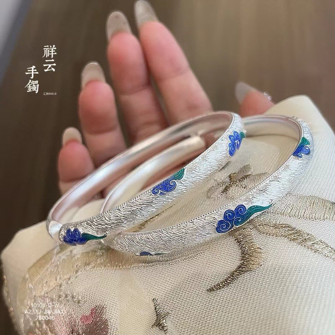 祥云手镯女纯银999足银古法传承孔雀烧蓝珐琅年轻款实心开口送礼