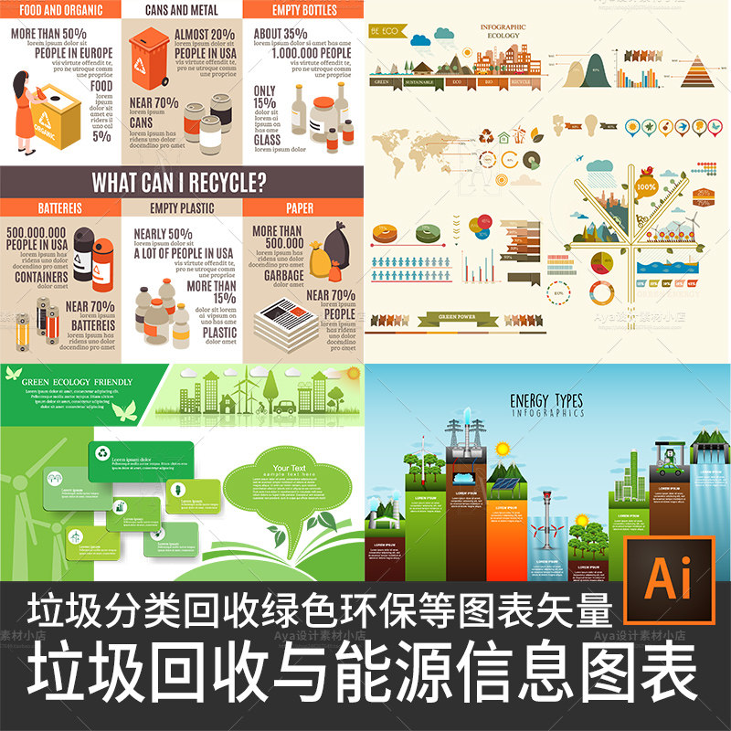 垃圾分类垃圾回收能源绿色环保地球ui信息app图表设计矢量素材ai