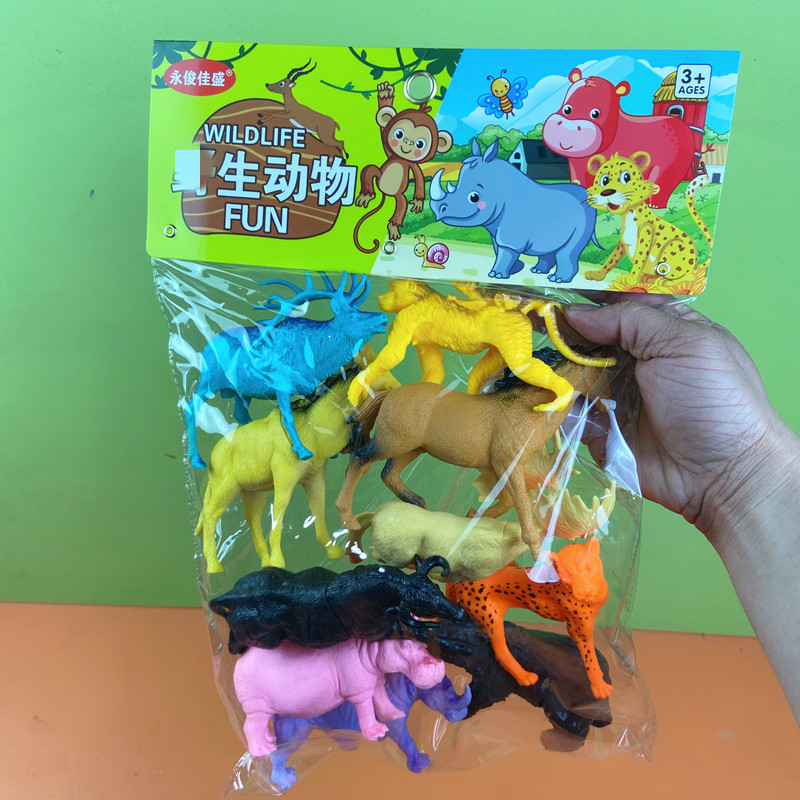 大包袋装野外动物儿童玩具软胶材质静态玩偶猴子豹子犀牛狗熊模型