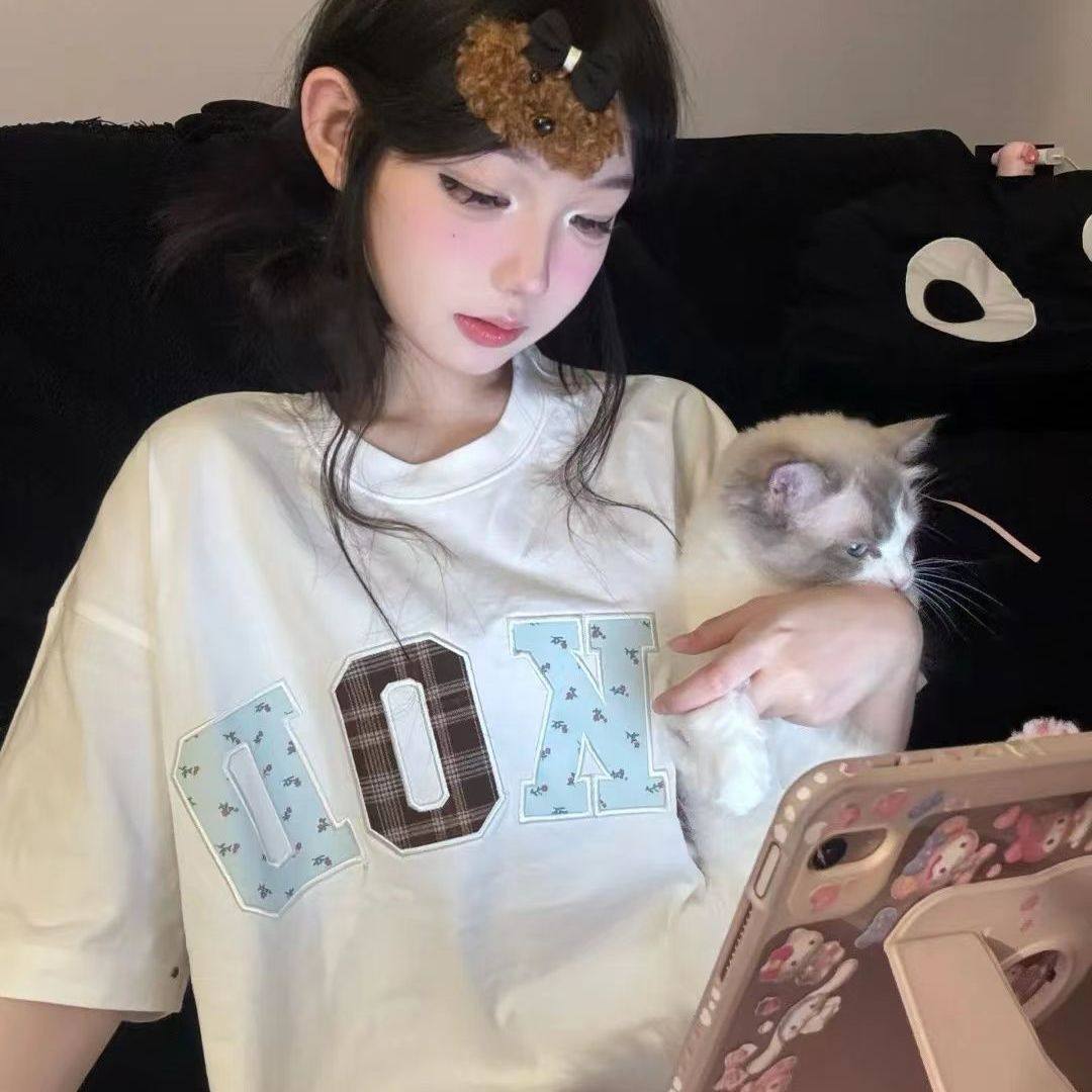 白色美式宽松复古休闲超大码上衣ins甜美碎花格纹印花短袖T恤女