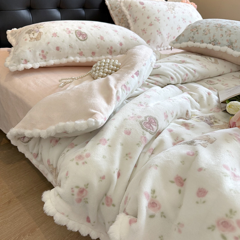小清新田园碎花牛奶绒毛球被套四件套秋冬季保暖法莱绒床单三件套