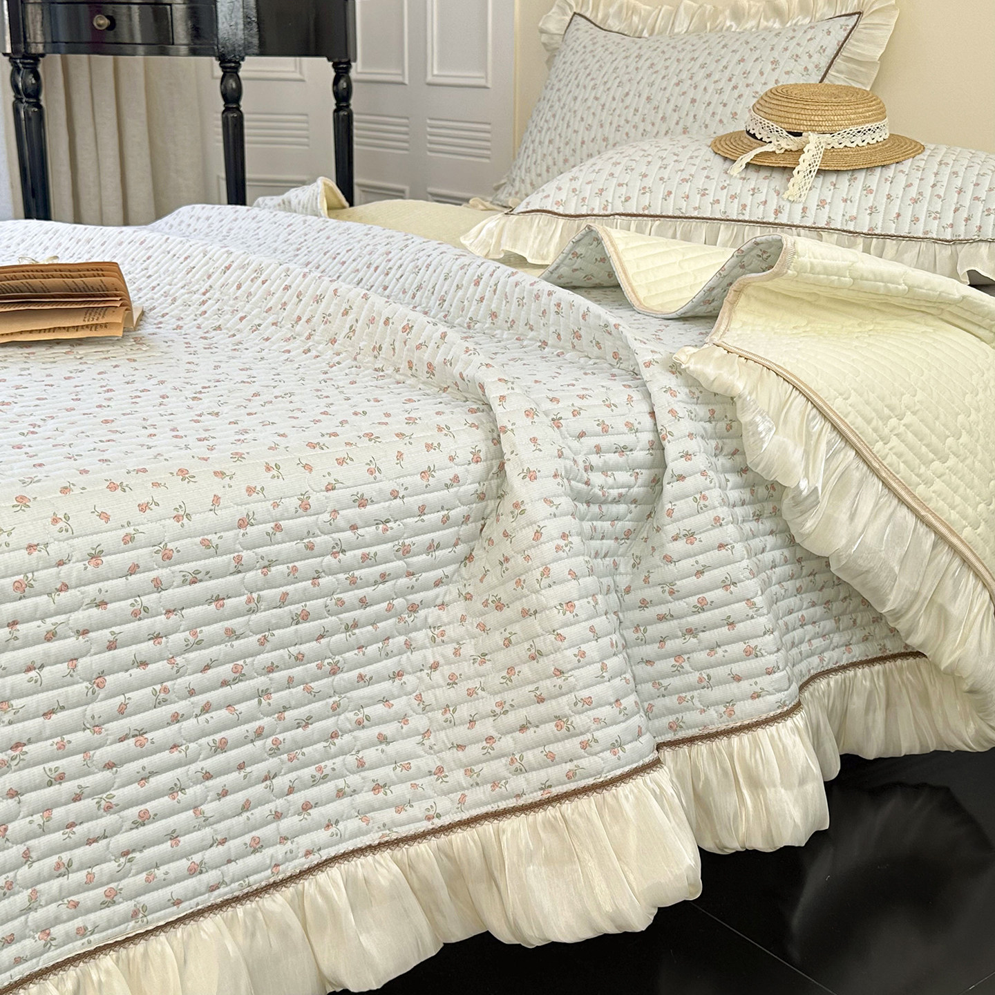 法式田园小碎花全棉花边床盖单件家用纯棉加厚夹棉绗缝床单三件套