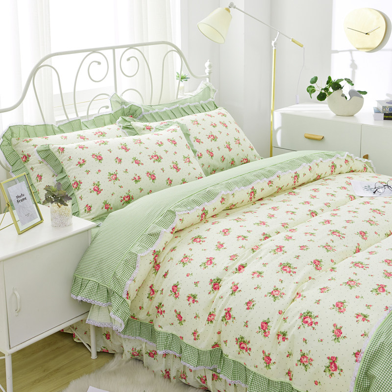 韩式田园公主风玫瑰花蕾丝被套四件套全棉纯棉床单双人床上用品女