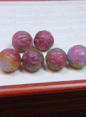 盐源五彩玛瑙雕刻九尾狐圆珠散珠配珠