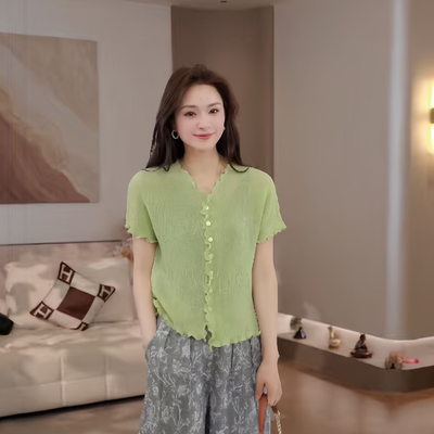 豆豆DG【卷边三宅衫】多巴胺色系显瘦纯色百搭短袖上衣女-26XT322