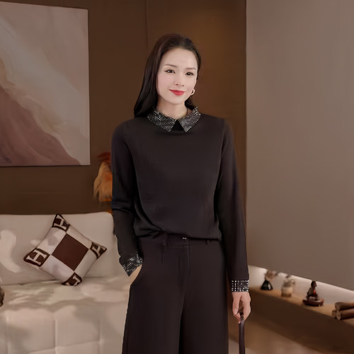 豆豆DA【星钻】绵羊毛翻领针织衫女秋冬气质打底衫上衣-26QM6161
