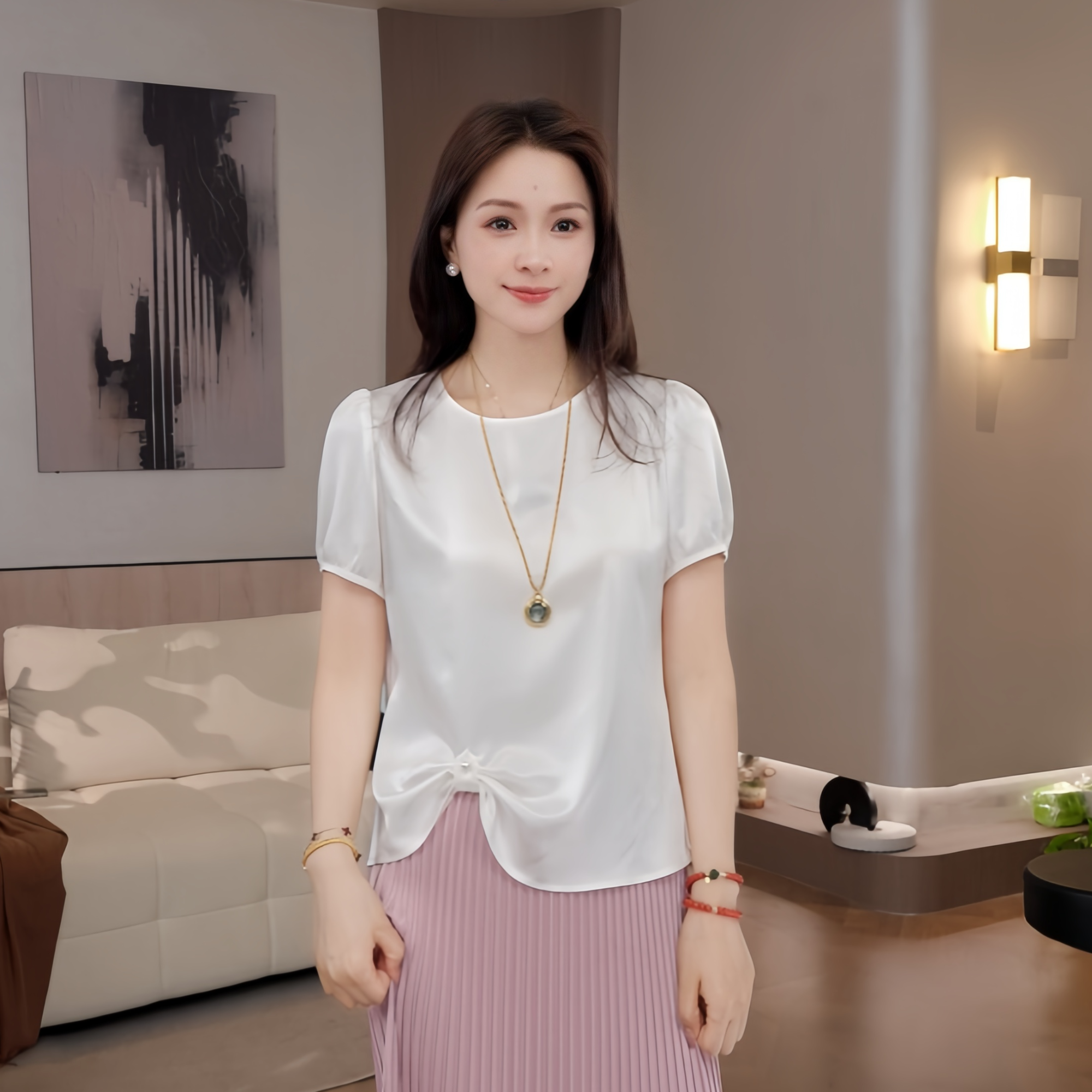 豆豆6【钉珠褶皱T】 醋酸凉感气质短袖设计感小众时尚百搭-DX1380