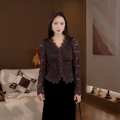 豆豆DA【柔影】秋季显瘦气质V领蕾丝拼接百搭衬衫女上衣-26QT1262