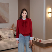 豆豆DA 609225DM 减龄毛衣 疏寒 羊毛拼接假两件提花毛针织衫