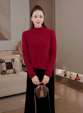 豆豆花边袖桑蚕丝发热绒加绒加厚修身高领长袖德绒打底衫-25DD291