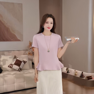 豆豆 莫代尔棉T恤女春夏设计感下摆荷叶边柔软圆领显瘦短袖26CT06