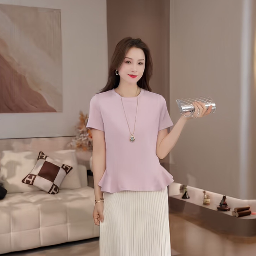 豆豆 莫代尔棉T恤女春夏设计感下摆荷叶边柔软圆领显瘦短袖26CT06