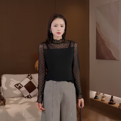 豆豆DA【波点T】木耳领显瘦气质网纱长袖百搭内搭女上衣-26QT6132