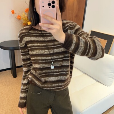 豆豆DH【青春】绵羊毛条纹套头毛衣女秋百搭针织衫上衣-26QM53776