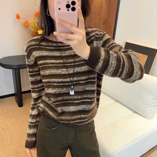 豆豆DH【青春】绵羊毛条纹套头毛衣女秋百搭针织衫上衣-26QM53776