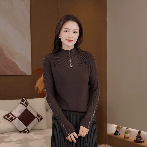 豆豆DA【烫钻】绵羊毛半高领针织衫女秋显瘦气质内搭上衣-26QM666
