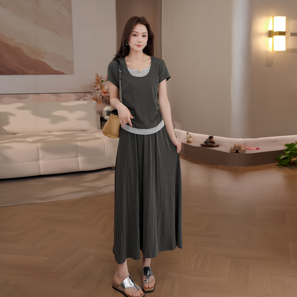 豆豆 两件套夏季新款时尚休闲显瘦假两件T恤半身裙套装女26TZ6012