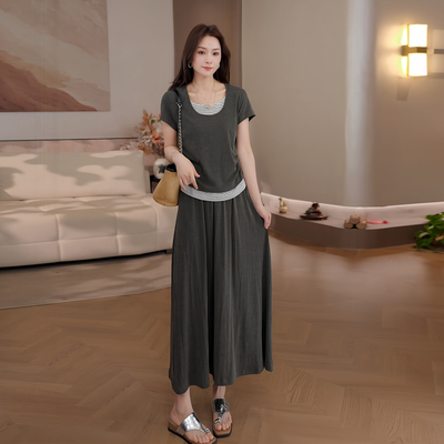 豆豆 两件套夏季新款时尚休闲显瘦假两件T恤半身裙套装女26TZ6012