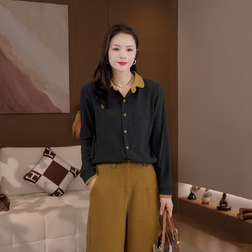 豆豆DA【秋韵】翻领设计T恤显瘦休闲女士减龄百搭长袖-26QT5952