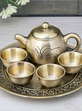 青铜古典兰花茶具茶壶茶杯托盘套装商务礼品工艺品摆件i.