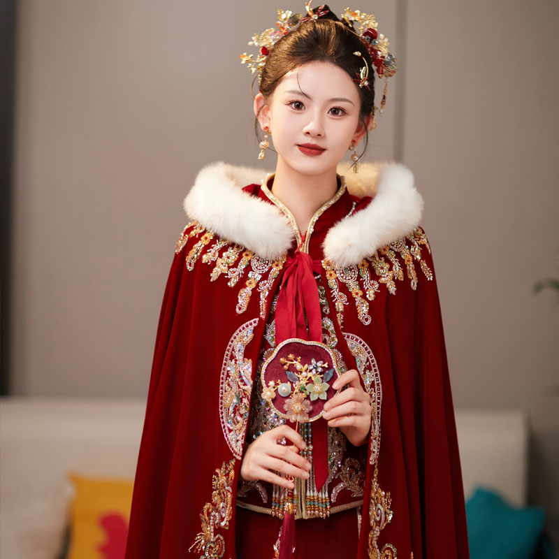 秀禾披风斗篷冬季结婚红色