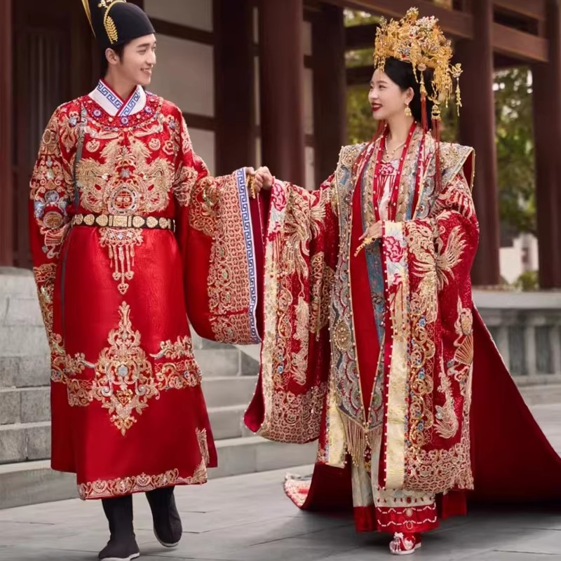 重工宋制汉服婚服新娘新郎中式结婚嫁衣婚礼明制凤冠霞帔拖尾