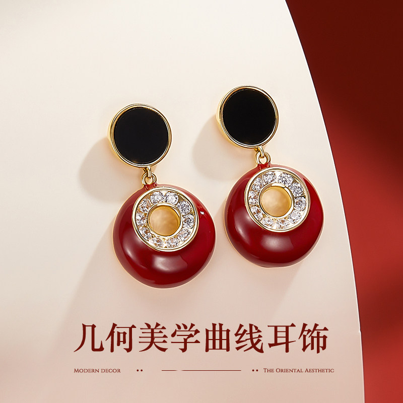 JAY圆形耳环春夏高级感复古红色耳饰2026新款耳坠长款港风耳钉