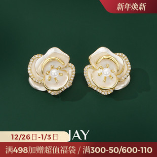 JAY小香风山茶花耳钉轻奢高级感花朵耳环2025新款 春天耳饰方圆脸