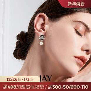 JAY优雅黑色山茶花耳环方圆脸耳饰女高级感珍珠耳钉新款 气质耳坠