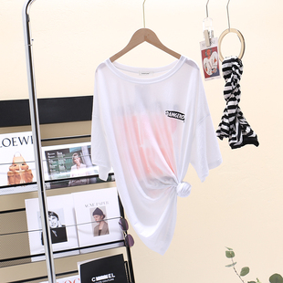 欧洲站2023夏季新款面膜短袖T恤女薄款宽松白色体恤冰丝凉感上衣