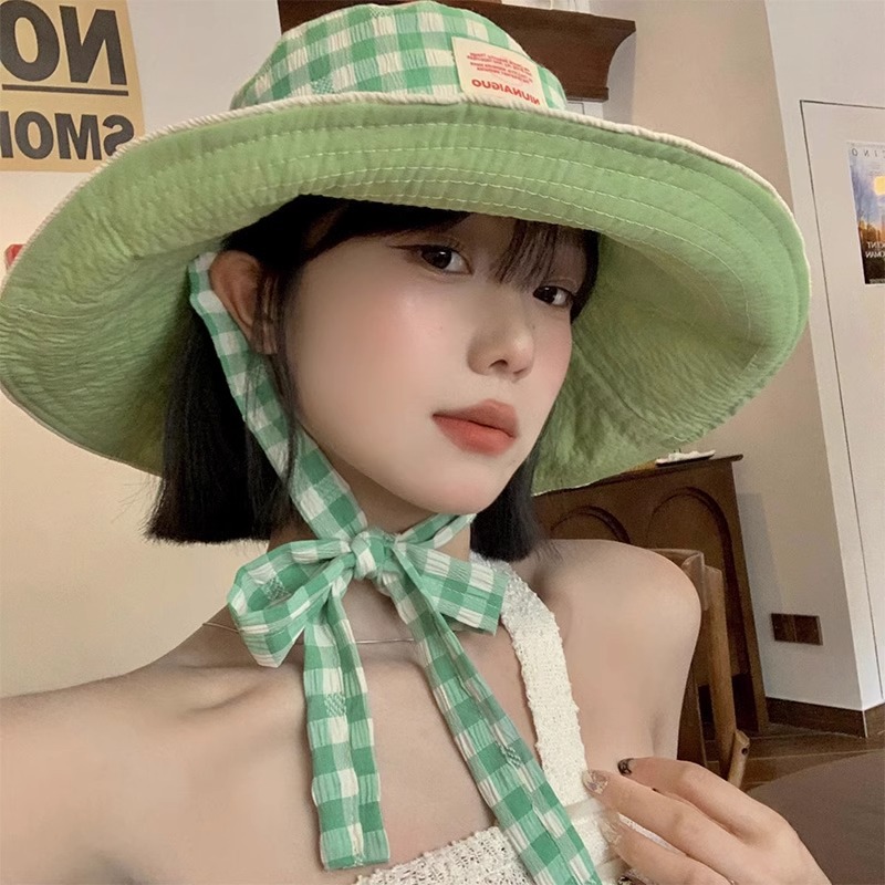 韩版格纹宽边系带渔夫帽女款夏季大帽檐显脸小遮阳帽子防晒帽盆帽