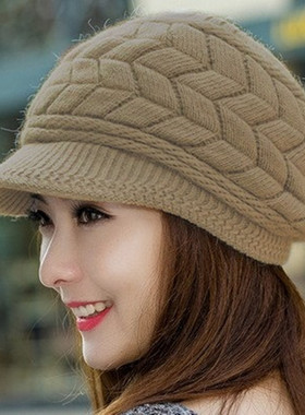加绒带帽沿保暖护耳针织帽子女冬季中老年人针织毛线帽妈妈奶奶帽