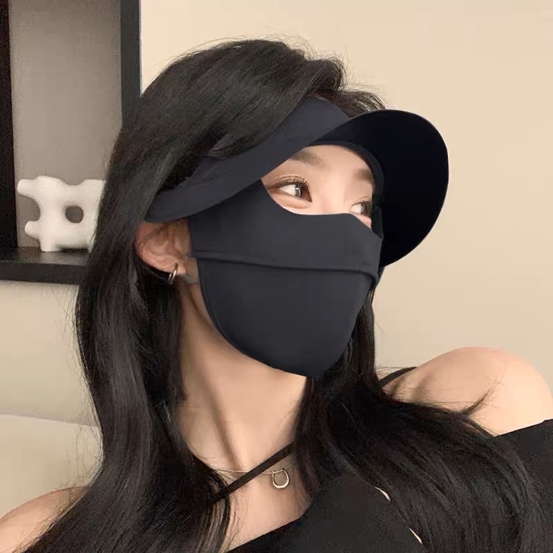 夏季防晒面罩女帽子一体脸基尼防紫外线黑胶帽檐全脸遮挡防晒口罩