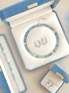 蓝色系套装~海蓝色仿巴洛克珍珠项链女小众百搭颈链小清新锁骨链