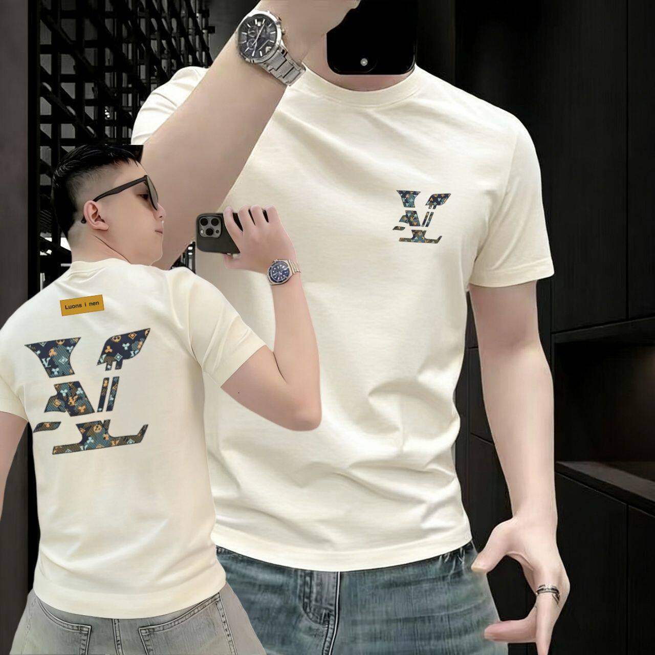 欧货AN&LV/岸绿爆款潮牌杏色圆领百搭V字母印花重磅痞帅短袖男夏