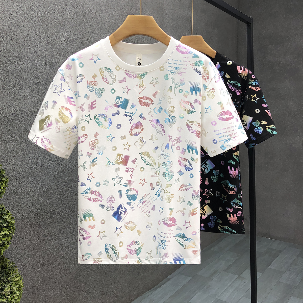 欧货AN&LV/岸绿洋气镭射反光短袖t恤男生潮牌潮流衣服2025夏季新