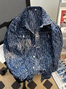 欧货AN&LV/岸绿港风字母印花蓝色牛仔外套男春秋季2025新款潮流宽