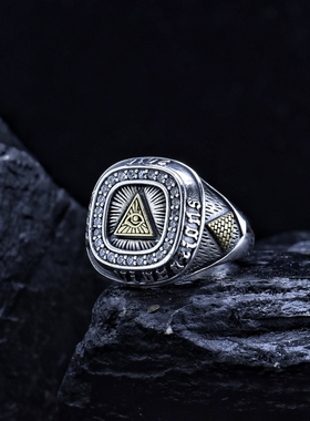 男士925纯银戒指全视之眼复古食指戒子个性嘻哈单身潮尾戒送男友