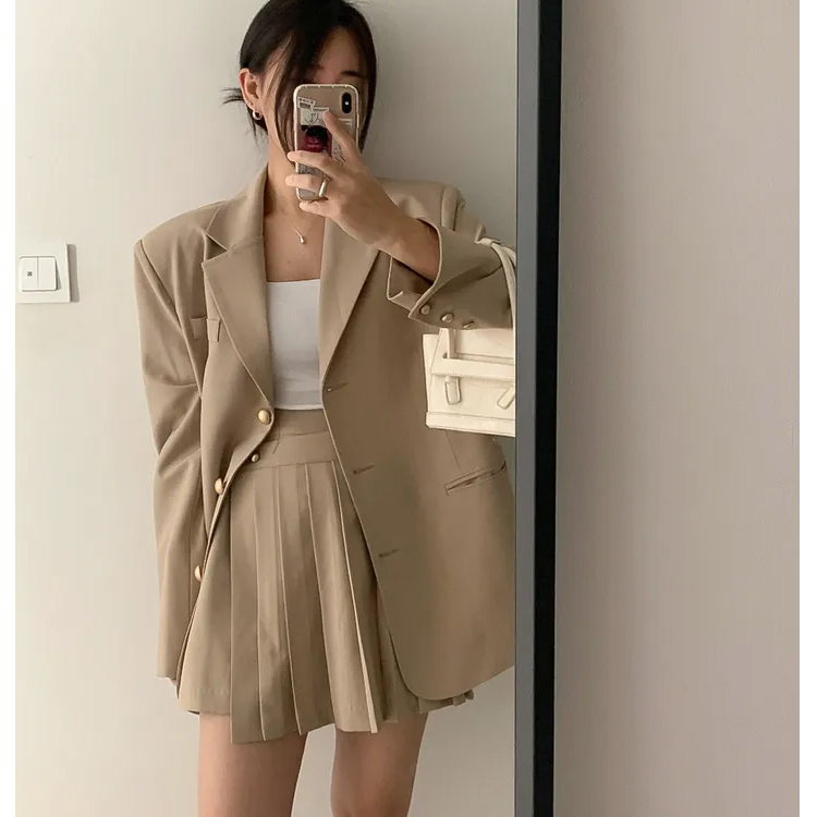 韩版西装套装裙春秋新款小个子气质单排扣西服外套+百褶裙两件套