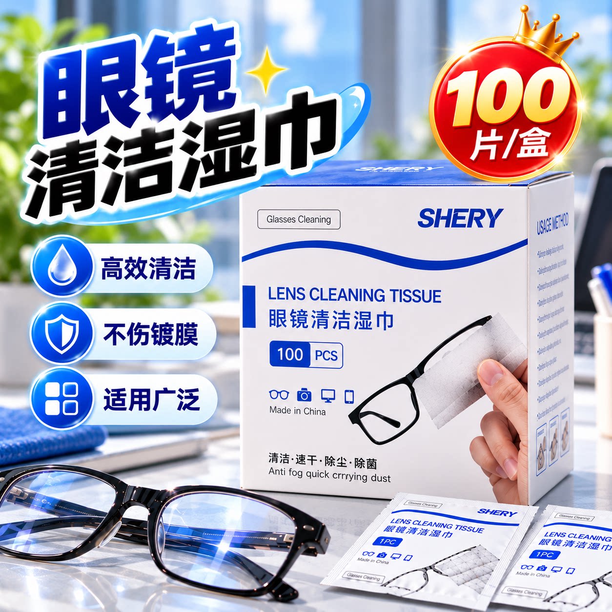 SHERY眼镜清洁湿巾擦眼镜纸一次性防雾眼睛布专用擦拭不伤镜片
