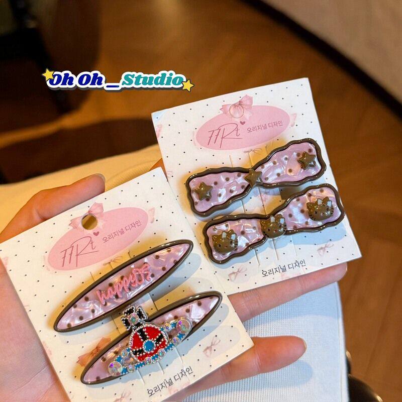 【实拍】韩系粉咖波点星球发夹高级感侧边夹复古蝴蝶结鸭嘴夹ins