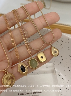 韩国原创设计复古星星钛钢气质欧美金属风少女黑色头像钛钢项链