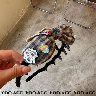 【实拍】韩国东大门学院风可爱布艺格子蝴蝶结发箍百搭气质发饰新